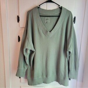 Aerie Downtime Textured Vneck Oversize Loungr Cozy Green Cotton Sweater Small